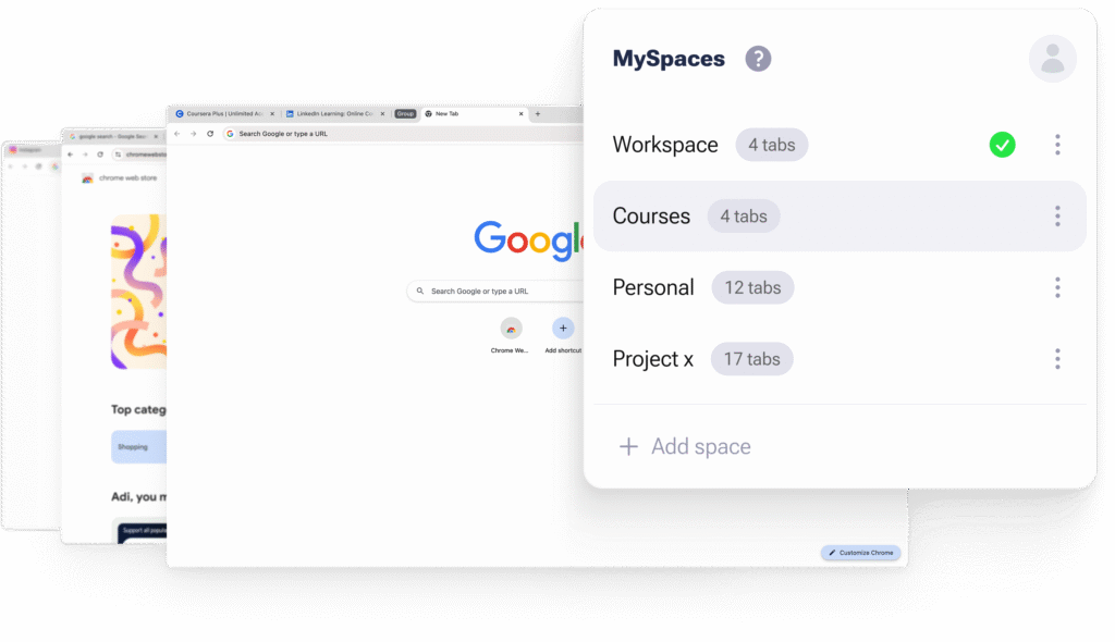 MySpaces extension panel with grouped and pinned browser tabs